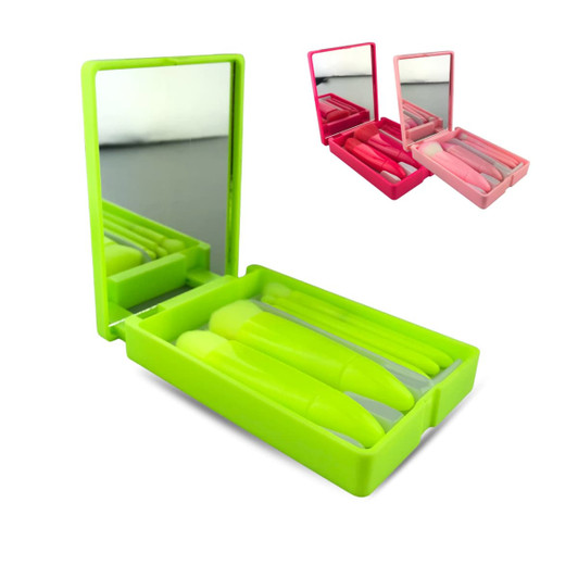 Five brushes in a vibrant green and pink plastic mirror box, featuring a reflective surface and compact design.