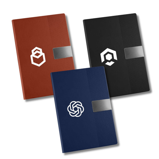 Three A5 notebooks in brown, black, and dark blue, each with a logo and a textured design on the cover.