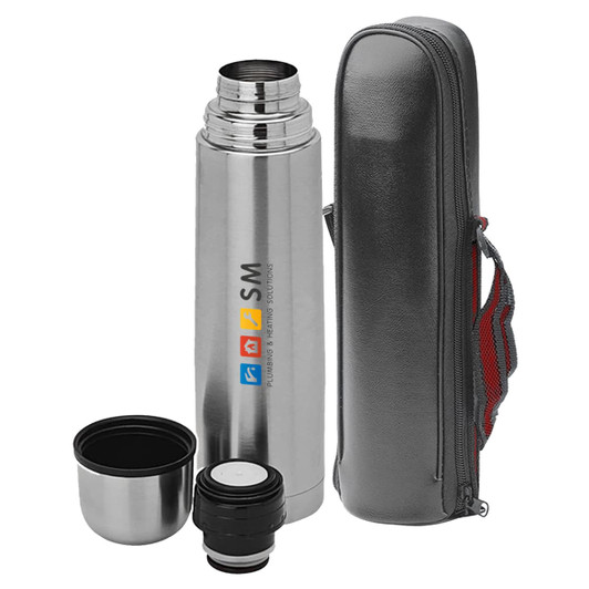 A drink bottle in silver with a black carrying case, featuring a logo and detachable cap and cup.