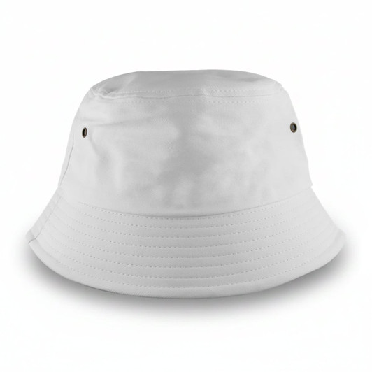 A white bucket hat featuring a simple, unembellished design and a small logo on the side.