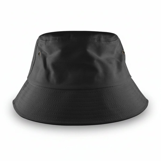 A black bucket hat with a wide brim and ventilation holes, featuring branding on the side.
