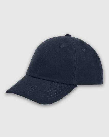 A navy blue cap with a curved brim and a logo on the side, featuring ventilation holes.
