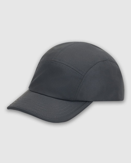 A grey cap with a curved brim and stitched detailing, featuring a logo on the side.