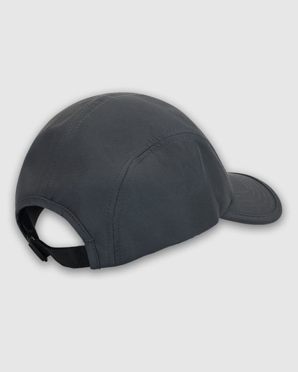 A dark grey cap with a curved brim and an adjustable strap at the back, featuring a logo.