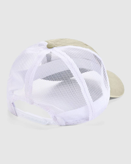 A washed trucker cap in beige and white with a mesh back and adjustable strap, featuring a logo.