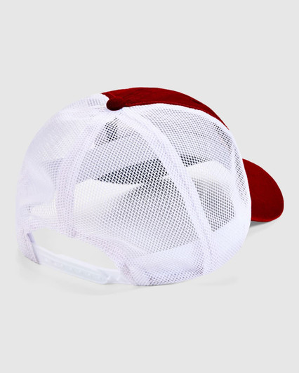 A red and white trucker cap featuring a mesh back and an adjustable strap. It has a logo on the rear.