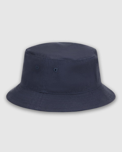 A navy blue bucket hat featuring ventilation holes and a simple design, with a logo present on the exterior.