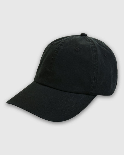 A black American Apparel polo cap with a curved brim and a rear adjustment strap. It features a logo.