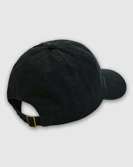 A black polo cap with a curved brim and an adjustable strap at the back, featuring a logo.