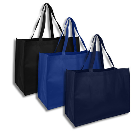 Three reusable grocery bags in black and shades of blue, featuring sturdy handles and a minimalist design.