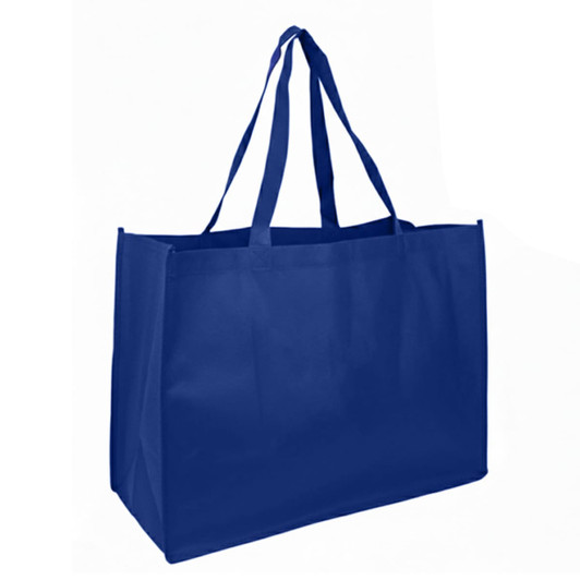A large reusable grocery bag in solid blue with dual handles and a branding logo.