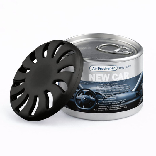 A silver tin of air freshener with a black lid, designed to emit a ‘new car’ scent.