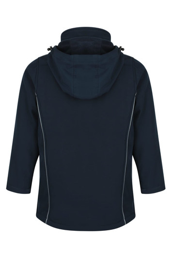 A navy jacket with a hood and zippered sides, featuring a sleek design and an attached neck collar.