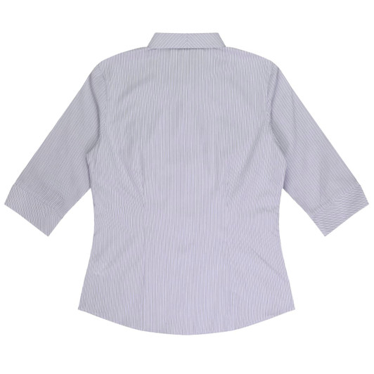 A button-up shirt with 3/4 sleeves in light blue and white striped pattern, featuring a collar and a back view.
