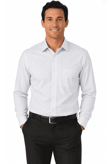 A long-sleeve men's shirt in white, featuring a chest pocket and a logo, worn by a man with hands in pockets.