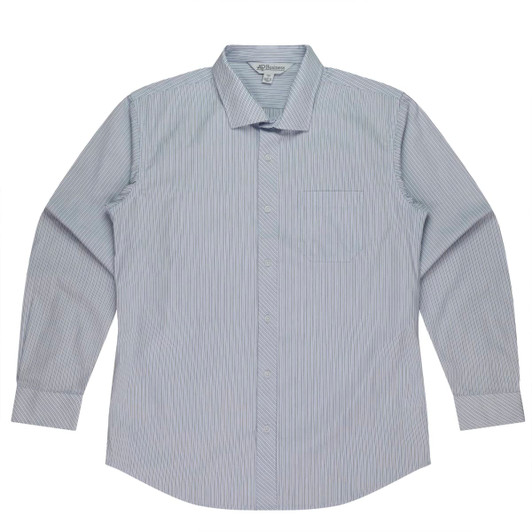 A long-sleeve button-up shirt in light blue and white stripes, featuring a chest pocket and a branded logo.