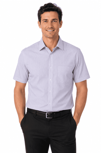 A short sleeve men's shirt in light purple, featuring a button front and a chest pocket, with a logo.