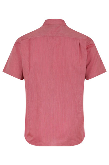 A short sleeve button-up shirt in a red and white striped pattern, featuring a back yoke and collar.