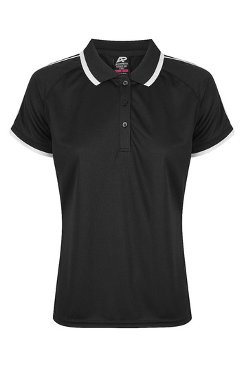 A black polo shirt featuring a collared neck and contrasting trim, designed for women. It includes a logo on the chest area.