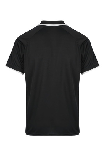 A black men's polo shirt featuring a contrasting collar and sleeve detail. The back view shows a smooth fabric and a logo.