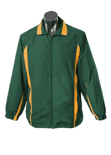 A green track jacket with yellow stripes, featuring a front zip and a collar. It has a logo on the chest area.