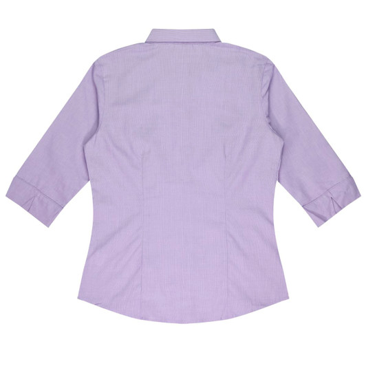 A lavender button-up shirt with 3/4 sleeves and a collar, featuring a logo on the back.