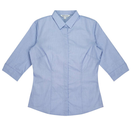 A light blue button-up shirt with three-quarter sleeves and a fitted design, featuring a collar and logo.