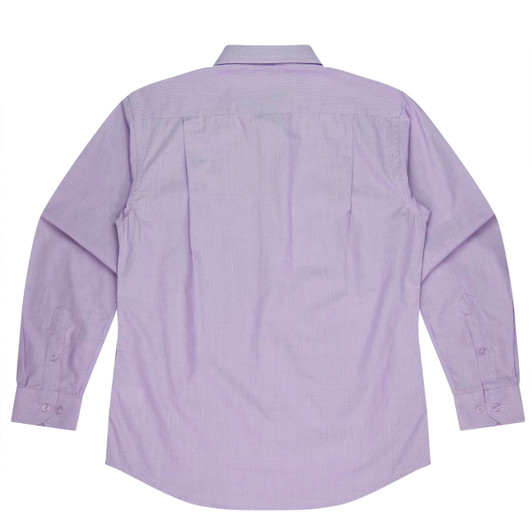 A long sleeve button-up shirt in light purple with a back pleat design. Features a logo on the fabric.