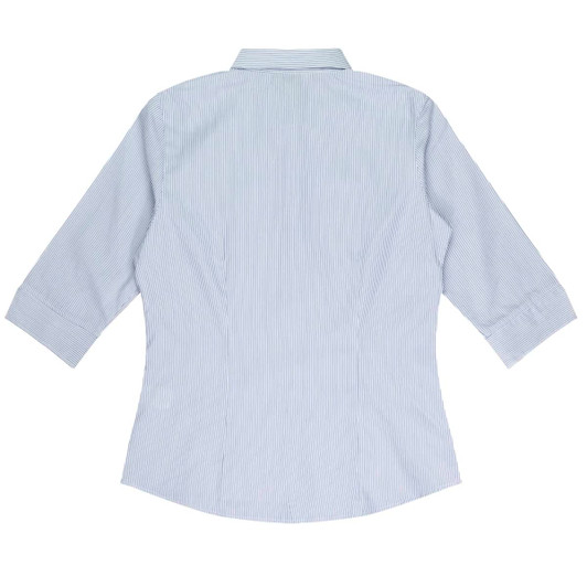 A light blue and white striped button-up shirt with 3/4 sleeves and a collar. The shirt features a logo.