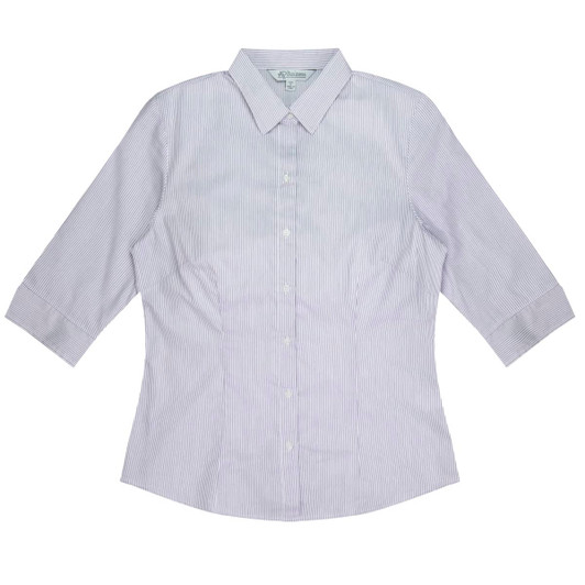 A light blue and white striped button-up shirt with 3/4 sleeves and a collar. It features a logo on the chest.