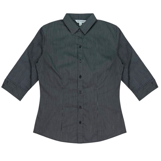 A button-up shirt in grey with a striped pattern and 3/4 sleeves. It features a collar and a logo.