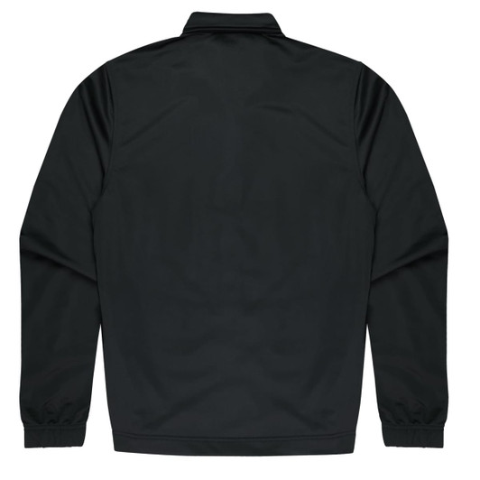 A black kids' jacket with a simple design and elastic cuffs, featuring a branding logo.