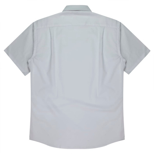 A short-sleeve button-up shirt in light grey, featuring a back yoke and a logo on the side.