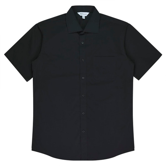 A black short sleeve button-up shirt with a chest pocket and a logo.