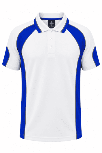 A white polo shirt with blue accents and a logo on the chest area. Suitable for casual wear.