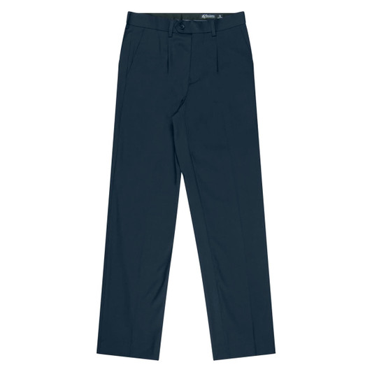 Navy pleated men's pants with a structured design and a waistband featuring a logo.