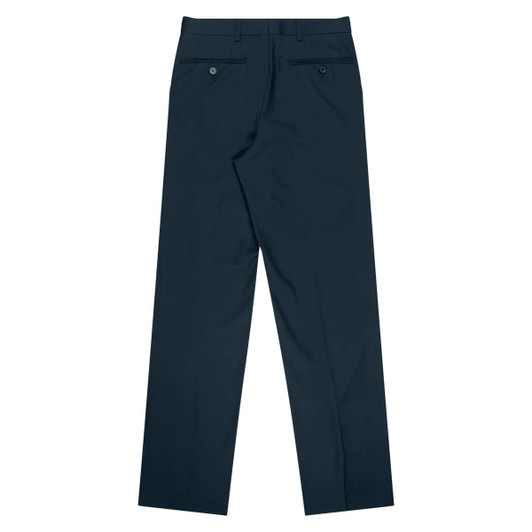 Pleated men's pants in dark navy, featuring back pockets and a straight leg design. Logo present.