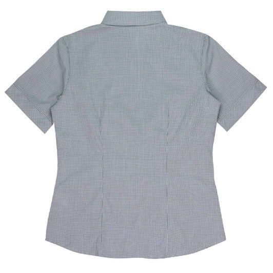 A short sleeve button-up shirt in a black and white check pattern, featuring a collar and a fitted design.