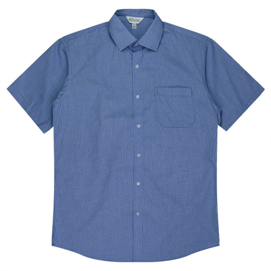 A short-sleeve, button-up shirt in blue gingham pattern with a chest pocket and a logo.