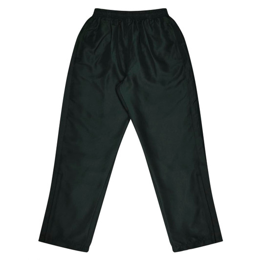 Dark green track pants featuring an elastic waistband and a smooth, lightweight fabric. Includes a logo on the design.