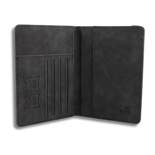 A grey travel wallet featuring slots for cards and a compartment for tickets, with RFID protection.