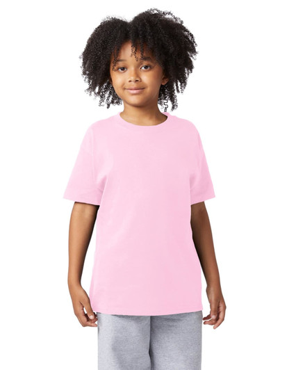 A pink short sleeve T-shirt for youth, featuring a simple design and a logo. Suitable for casual wear.