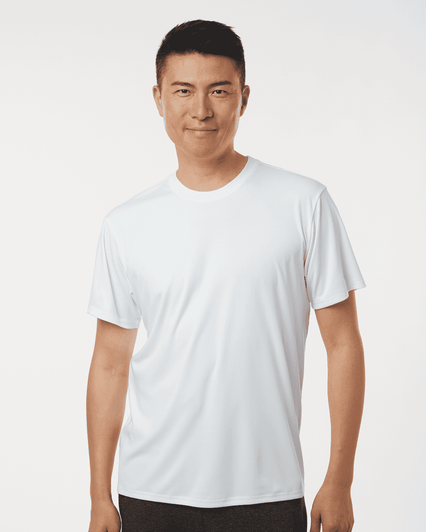 A white men's performance T-shirt featuring short sleeves and a fitted design, with a logo on the chest.