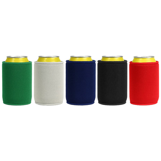 Five stubby holders in green, white, navy, black, and red, each with a can inside.