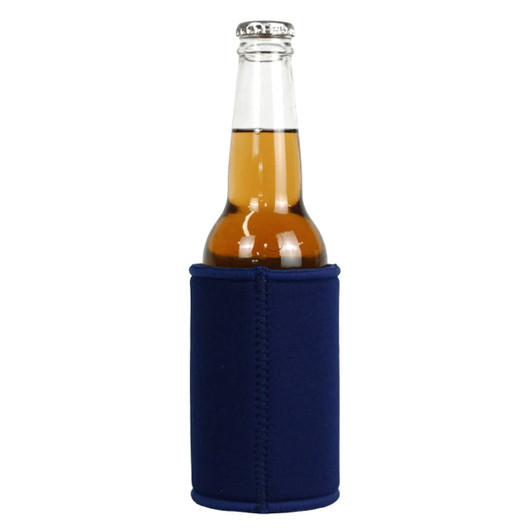 A drink bottle wrapped in a navy blue stubby holder with a logo. The bottle contains a golden beverage.