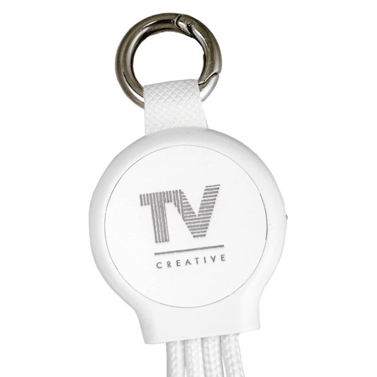 A white 6-in-1 multi charging cable with multiple connectors and a keyring attachment.
