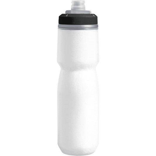 A drink bottle in white with a black lid, featuring a sports drink spout and a sleek design.