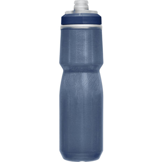 A drink bottle in a dark blue shade with a sleek design and a logo on the side.