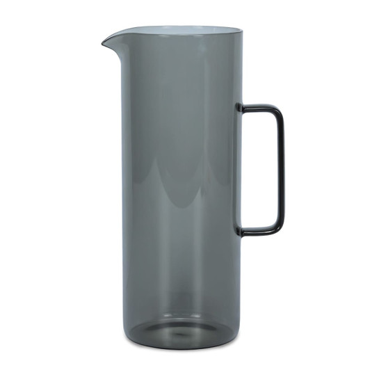 A drink bottle in a sleek, smoky grey colour with a prominent handle and a spout, featuring a logo.