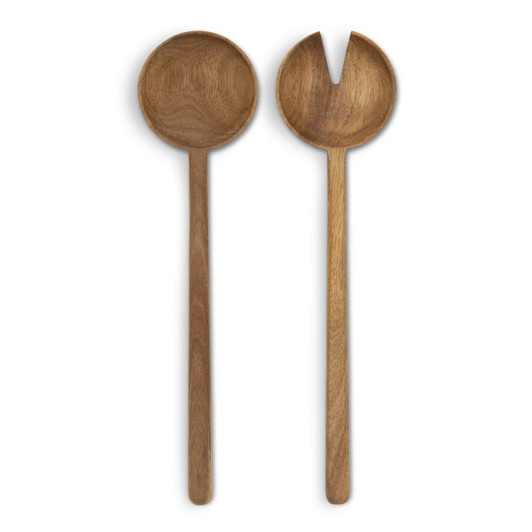 A set of wooden salad servers featuring a round spoon and a forked serving piece, both with long handles.